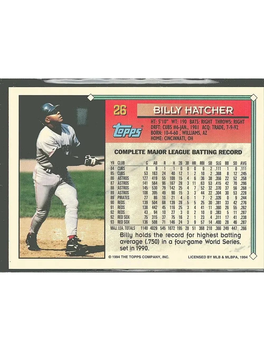 1994 Topps #26 Billy Hatcher HAND SIGNED